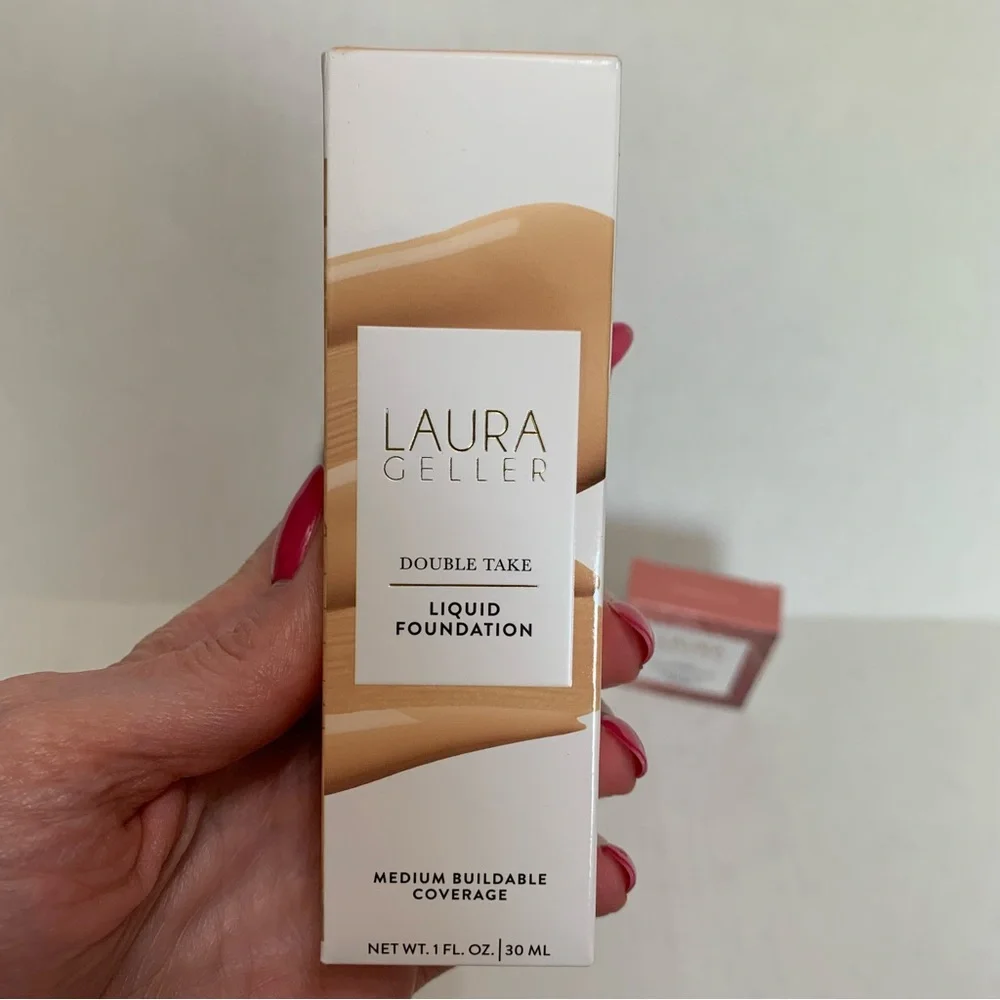 Laura Geller Double Take Foundation Medium, pink buttercream blush, kabuki brush